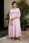 Kkanyaah_Pink Silk, , Handloom Embroidery Round Neck Botanical Bliss Dress _at_Aza_Fashions