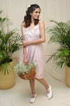 KKANYAAH_Pink Silk, Cotton Embroidery V-neck Candy Flared Dress _Online_at_Aza_Fashions