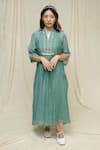 Buy_KKANYAAH_Green Handwoven Silk Hand Embroidered Thread V-neck Forest Fern Midi Dress _at_Aza_Fashions