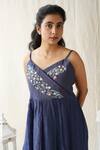 KKANYAAH_Blue Handwoven Silk Hand Embroidered Thread V-neck Retro Royal Slip Dress _Online_at_Aza_Fashions