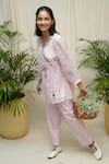 Shop_KKANYAAH_Pink Kurta Handwoven Silk Hand Embroidered Flamingo Fable Angarkha And Pant Set _at_Aza_Fashions