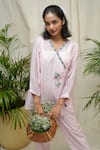 Buy_KKANYAAH_Pink Kurta Handwoven Silk Hand Embroidered Flamingo Fable Angarkha And Pant Set _Online_at_Aza_Fashions