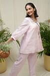 KKANYAAH_Pink Kurta Handwoven Silk Hand Embroidered Flamingo Fable Angarkha And Pant Set _at_Aza_Fashions