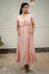 Buy_KKANYAAH_Peach Dress Handwoven Silk Hand Embroidered Flower Round Filigree Pocket _at_Aza_Fashions