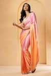 Quench A Thirst_Pink Modal Satin Embroidery Sequin V Neck Ombre Pre-stitched Saree With Blouse _Online_at_Aza_Fashions