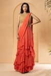 Buy_Quench A Thirst_Peach Georgette Embroidery Cutdana Round Pre-stitched Ruffle Saree With Blouse _at_Aza_Fashions