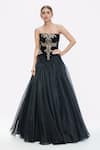 Buy_Tarun Tahiliani_Black Velvet Embroidered Crystal Straight Corset And Flared Skirt Set _at_Aza_Fashions