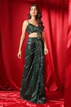 Shop_B'Infinite_Green Lycra Sequin Sweetheart Embellished Pre-draped Saree With Blouse _Online_at_Aza_Fashions