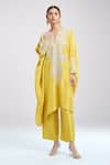 Mrunalini Rao_Yellow Embroidered Floral V Neck Paisley Kaftan And Pant Set _Online_at_Aza_Fashions