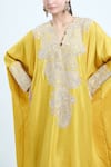 Mrunalini Rao_Yellow Embroidered Floral V Neck Paisley Kaftan And Pant Set _at_Aza_Fashions