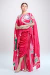 Saaksha & Kinni_Red Printed Abstract Boat Cape And Draped Skirt Set _Online_at_Aza_Fashions