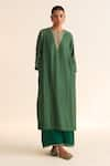 Buy_Dot_Green Cotton Silk Hand Embroidered Thread Round Kavish Neck Kurta With Pant _at_Aza_Fashions