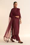 Buy_Dot_Wine Cotton Silk Hand Embroidered Dabka Round Kumud Neck Kurta With Pant 