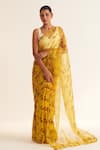 Buy_Dot_Yellow Cotton Silk Printed Floral Leaf Mohini Saree With Blouse _at_Aza_Fashions