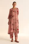 Buy_Dot_Pink Cotton Silk Printed Floral Round Anaar Kurta And Pant Set _at_Aza_Fashions