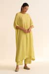 Buy_Dot_Yellow Cotton Silk Printed Stripe Round Dhari Kurta And Pant Set _at_Aza_Fashions