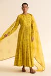 Dot_Yellow Organza Printed Floral Evani Dupatta _Online_at_Aza_Fashions