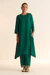 Buy_Dot_Green Cotton Silk Embroidered Pitta Mysa Placed Asymmetric Kurta With Pant _at_Aza_Fashions