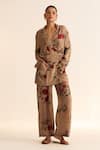 Buy_Dot_Beige Habutai Silk Anar Lapel Collar Nosh Pattern Jacket With Pant _at_Aza_Fashions