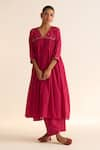 Buy_Dot_Pink Cotton Hand Embroidered Resham V Neck Jaina A-line Kurta With Pant_at_Aza_Fashions