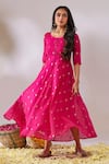 Buy_Gulaal_Pink Cotton Brocade Round Banarasi Flared Anarkali _at_Aza_Fashions