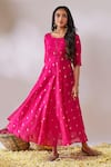 Shop_Gulaal_Pink Cotton Brocade Round Banarasi Flared Anarkali _at_Aza_Fashions