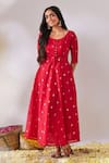 Shop_Gulaal_Red Cotton Brocade Round Banarasi Anarkali _at_Aza_Fashions