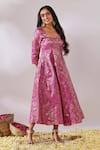 Buy_Gulaal_Pink Cotton Brocade Deep Square Banarasi Floral Pattern Anarkali _at_Aza_Fashions