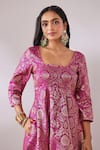 Gulaal_Pink Cotton Brocade Deep Square Banarasi Floral Pattern Anarkali _Online_at_Aza_Fashions