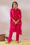 Buy_Gulaal_Pink Cotton Brocade V Neck Kurta Pant Set _at_Aza_Fashions