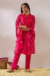 Buy_Gulaal_Pink Cotton Brocade V Neck Kurta Pant Set _Online_at_Aza_Fashions