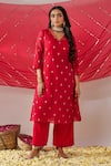 Buy_Gulaal_Red Cotton Brocade V Neck Banarasi A-line Kurta Palazzo Set _at_Aza_Fashions