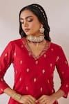 Shop_Gulaal_Red Cotton Brocade V Neck Banarasi A-line Kurta Palazzo Set _Online_at_Aza_Fashions