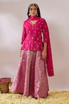 Gulaal_Pink Cotton Brocade Scalloped V Banarasi Lehenga Set _Online_at_Aza_Fashions