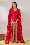 Buy_Gulaal_Red Cotton Brocade Scalloped V Banarasi Woven Flared Lehenga Set _at_Aza_Fashions