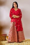 Buy_Gulaal_Red Cotton Brocade Scalloped V Banarasi Woven Flared Lehenga Set _Online_at_Aza_Fashions