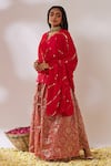 Shop_Gulaal_Red Cotton Brocade Scalloped V Banarasi Woven Flared Lehenga Set _Online_at_Aza_Fashions