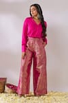 Shop_Gulaal_Pink Cotton Satin V Neck Long Sleeve Top And Pant Set _at_Aza_Fashions