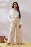 Buy_Gulaal_White Cotton Satin V Neck Top And Banarasi Brocade Pant Set _at_Aza_Fashions