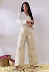 Gulaal_White Cotton Satin V Neck Top And Banarasi Brocade Pant Set _Online_at_Aza_Fashions