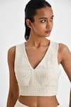 Buy_Payal Pratap_Off White Malkha Cotton Embroidery Sequin Gul V Neck Myrsina Crop Top _at_Aza_Fashions