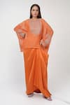 Buy_Anamika Khanna_Orange Embroidered Dori Round Boxy Top And Draped Skirt Set _at_Aza_Fashions