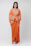 Buy_Anamika Khanna_Orange Embroidered Dori Round Boxy Top And Draped Skirt Set _Online_at_Aza_Fashions