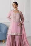 RAJ ARORA_Pink Georgette Embroidered Cutdana Round And Sequin Kurta Sharara Set _Online_at_Aza_Fashions