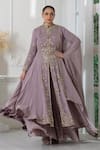 Buy_RAJ ARORA_Purple Georgette Embroidered Sequin High Collared Anarkali Sharara Set _at_Aza_Fashions