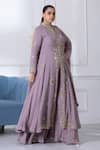 RAJ ARORA_Purple Georgette Embroidered Sequin High Collared Anarkali Sharara Set _Online_at_Aza_Fashions