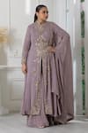 Buy_RAJ ARORA_Purple Georgette Embroidered Sequin High Collared Anarkali Sharara Set _Online_at_Aza_Fashions