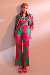 Shop_Gazab by Miku Kumar_Pink Mini Silk Printed Tropical Floral Jacket Louvre Love Paris Pant Set _Online_at_Aza_Fashions