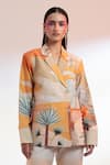 Buy_Gazab by Miku Kumar_Beige Silk Chanderi Printed Nature Lapel Les Cerfs Paris Jacket With Pant _Online_at_Aza_Fashions