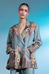 Shop_Gazab by Miku Kumar_Blue Silk Chanderi Printed Floral Cactus Lapel Les Cerfs Paris Jacket With Pant 